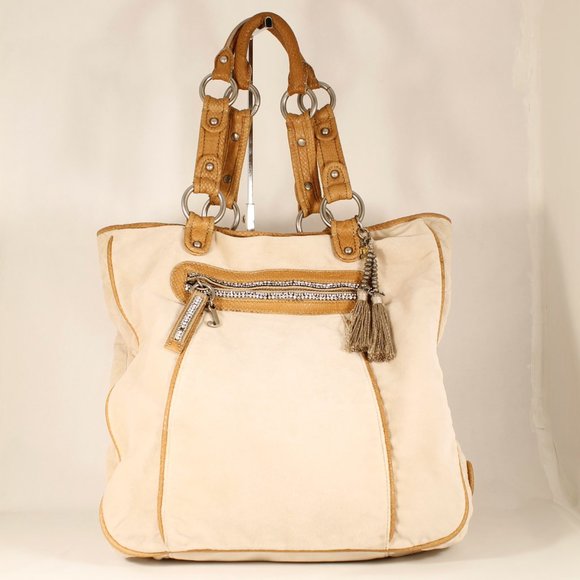 JUICY COUTURE Beige Velour Satchel, Large, Rhinestones, Tassel, Gently Used - Picture 4 of 16